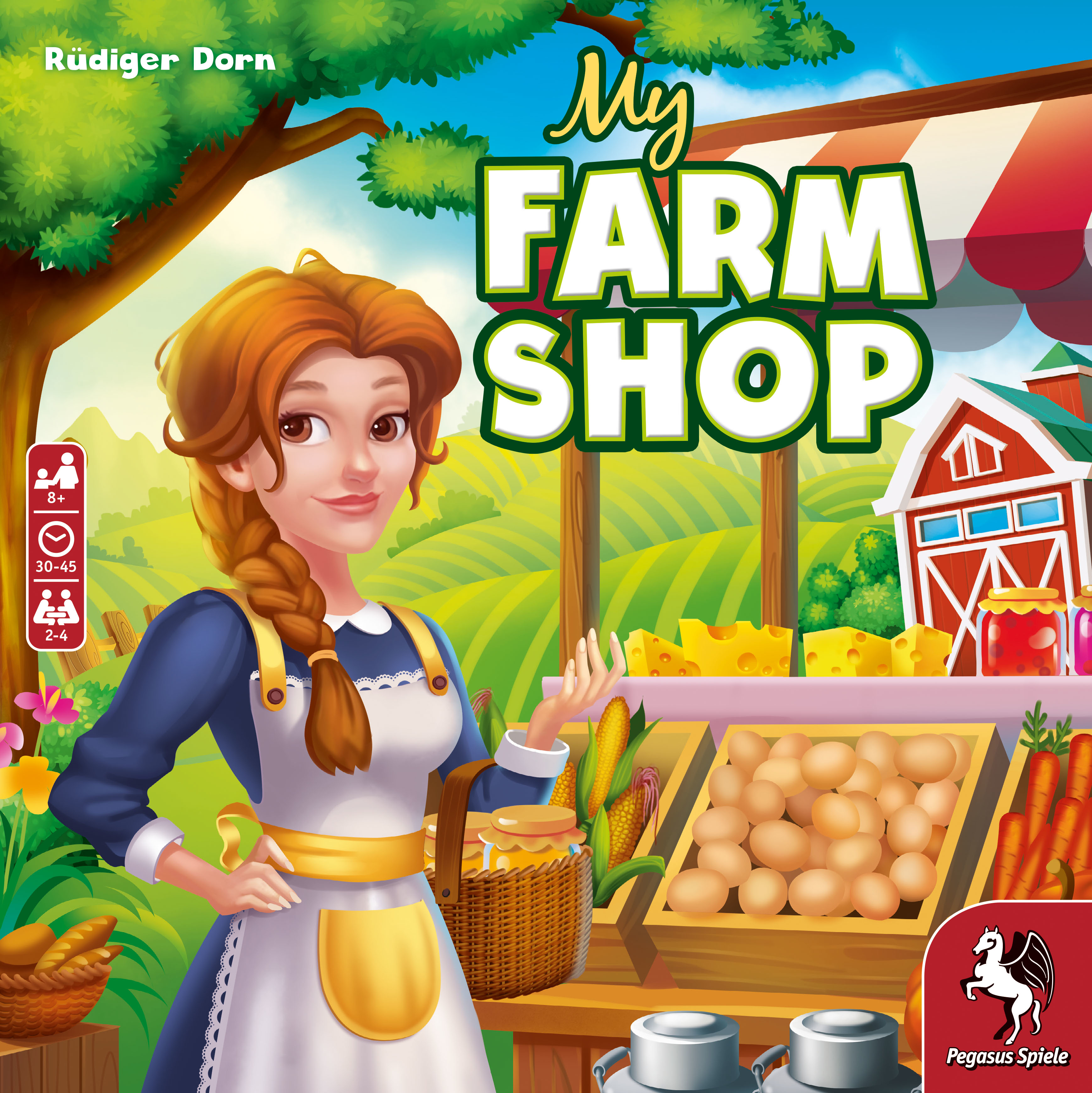 Brettspielbox. Titel ist "My Farm Shop". Eine Frau und eine Bauernhofszene auf der Box.