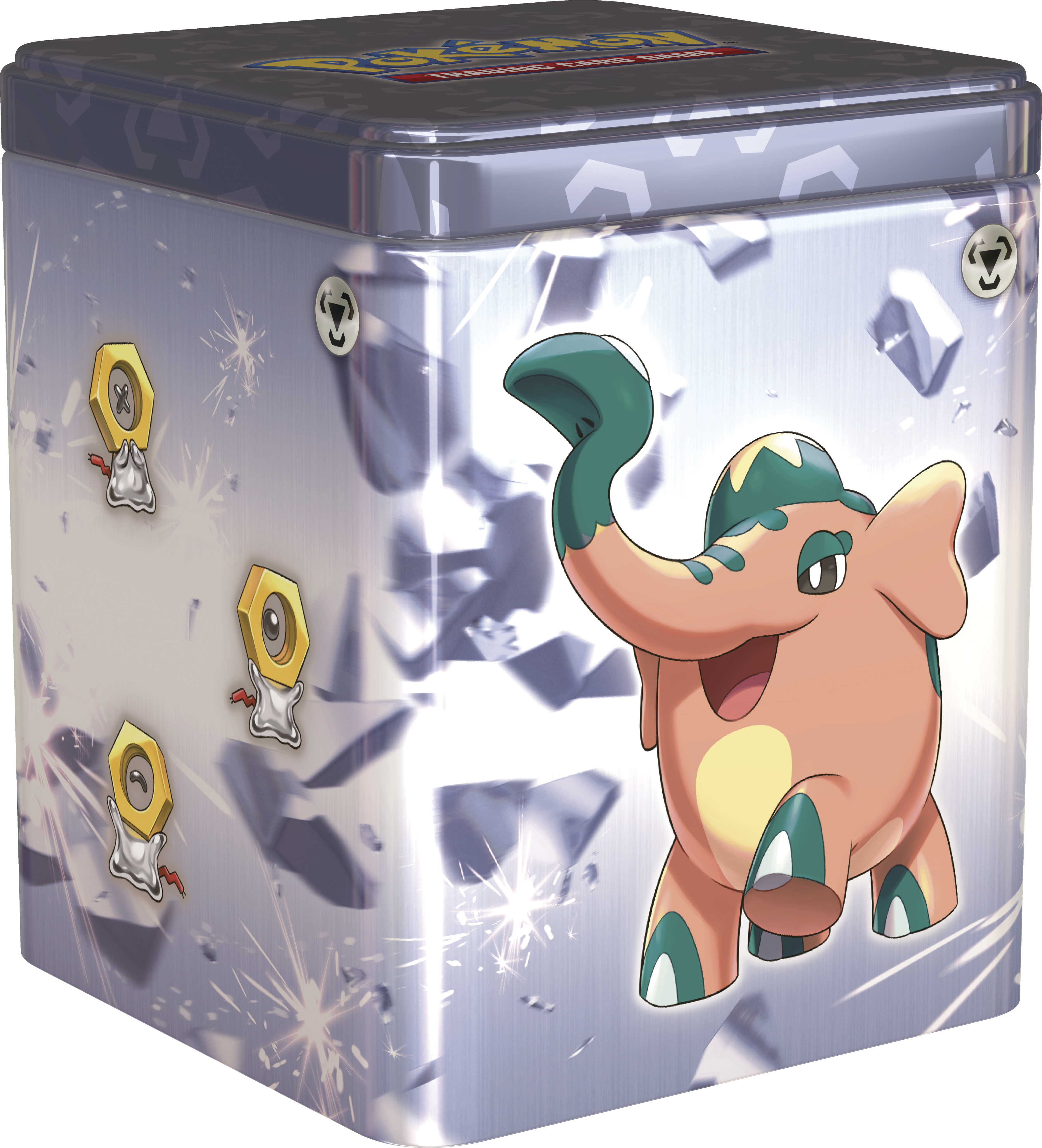 Pokemon-Blechdose mit einem elefantenartigen Pokemon. Die Dose hat ein metallisches Design mit einem zerbrochenen Glaseffekt.