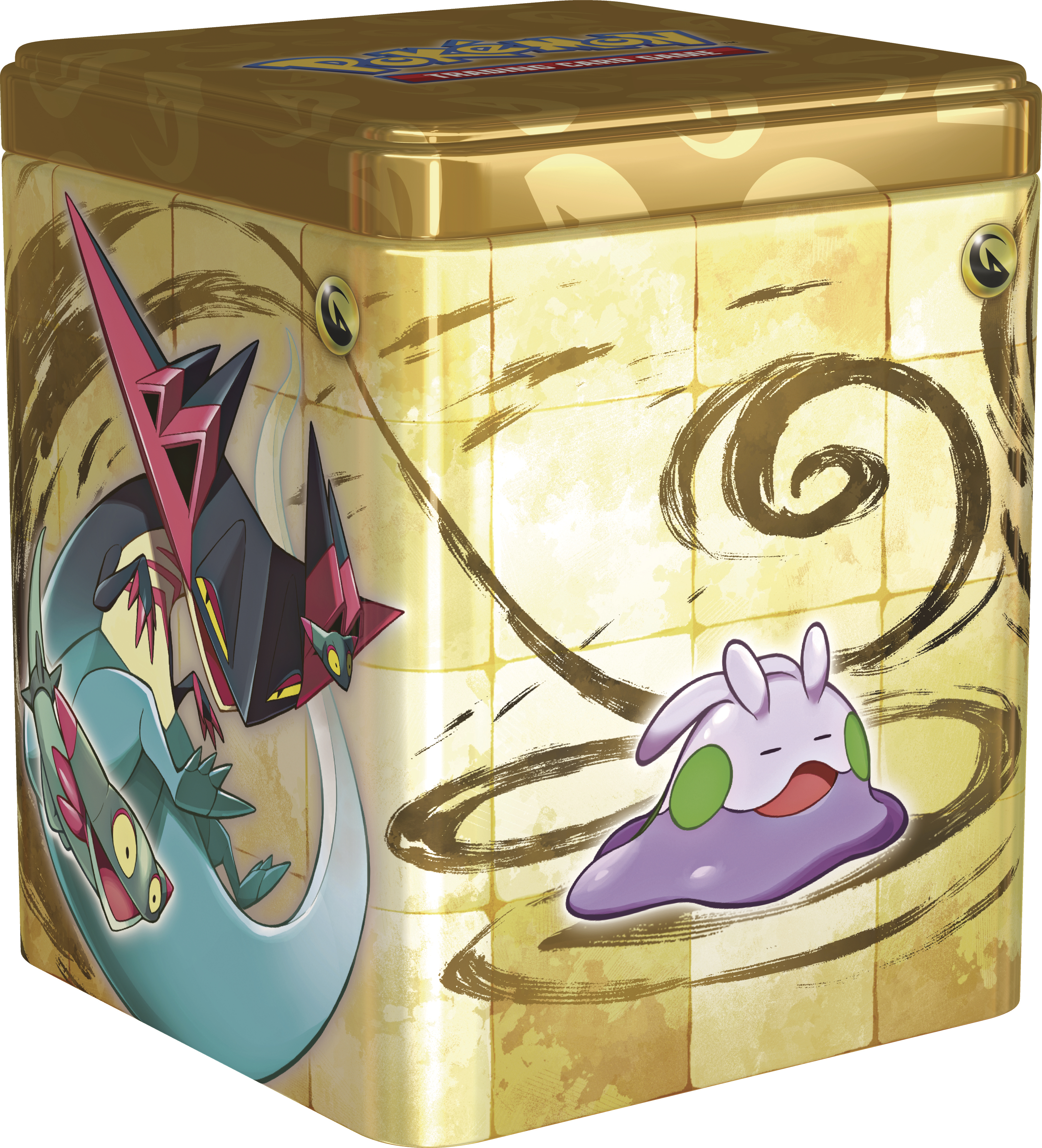Eine goldene Pokémon-Sammelkarten-Dose mit verschiedenen Pokémon-Charakteren.