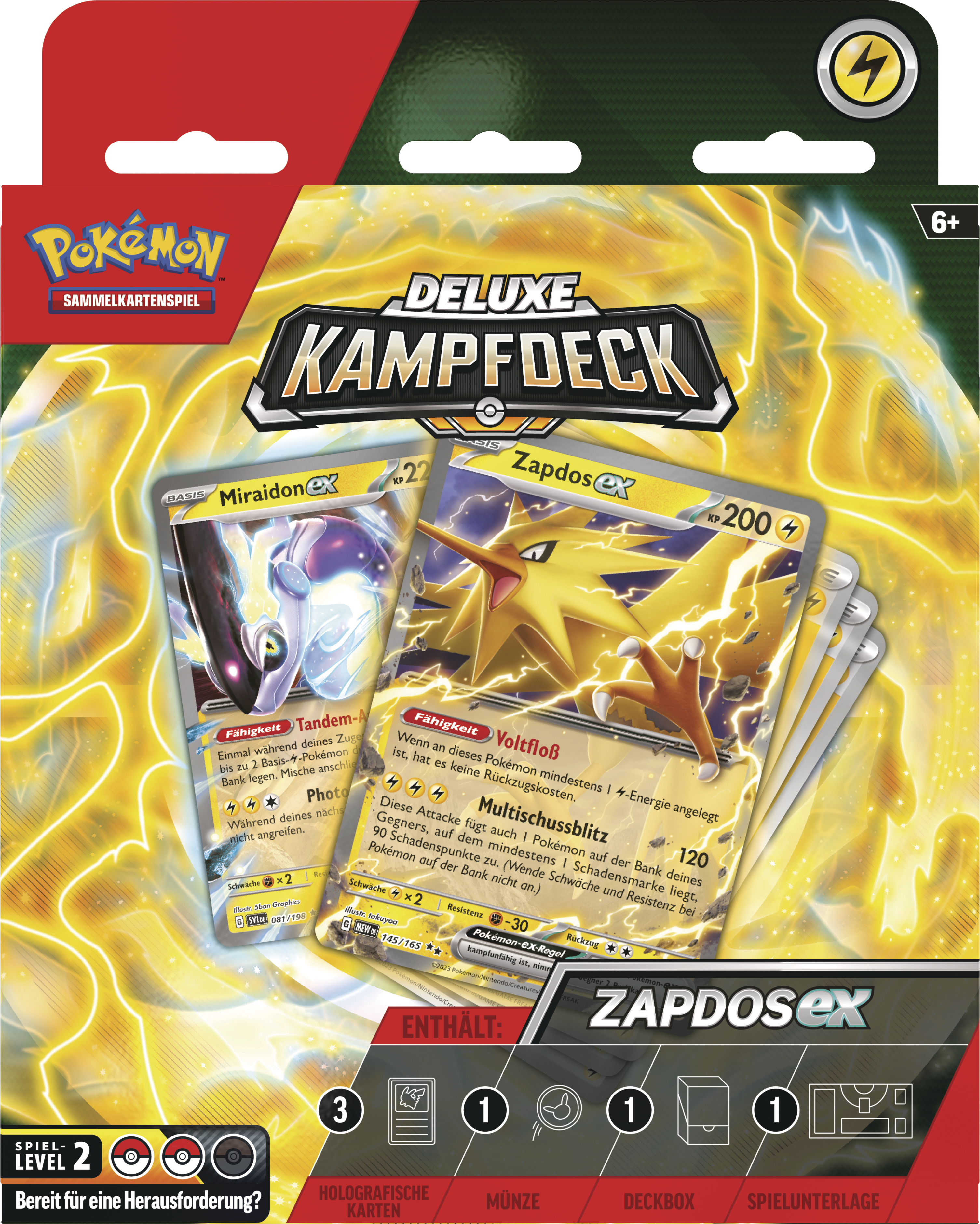 Pokemon TCG-Box mit Karten, einer Zapdos EX-Karte und Text. Der Hintergrund hat gelbe Blitze.