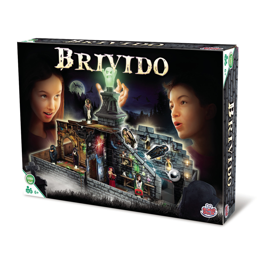 Brettspielbox mit einem Geist, Schloss und Kindern, die zusehen.