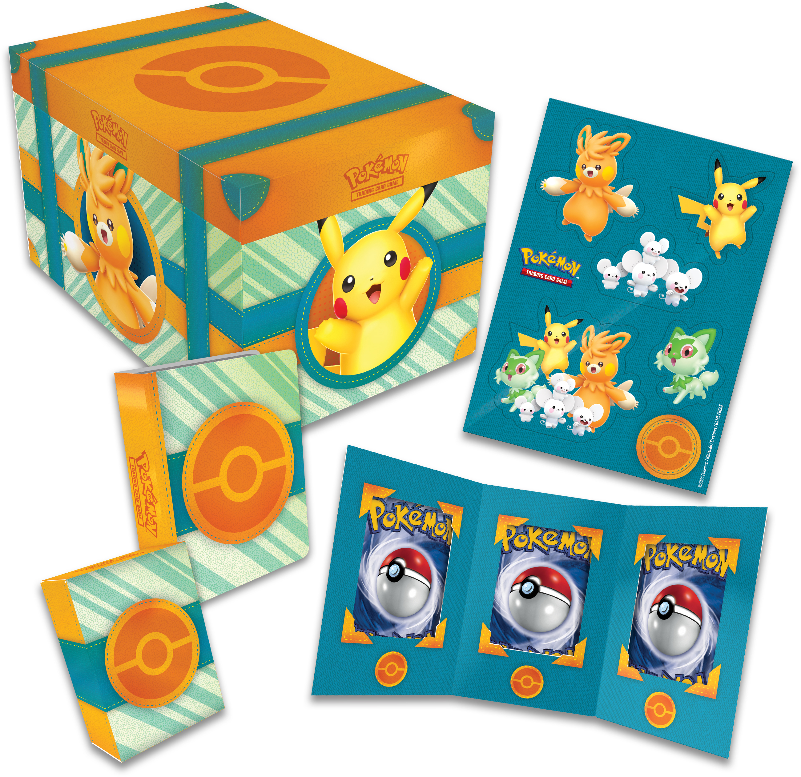 Pokemon-Box und Spielzubehör. Pikachu wird prominent dargestellt. Andere Karten und Aufkleber sind abgebildet.