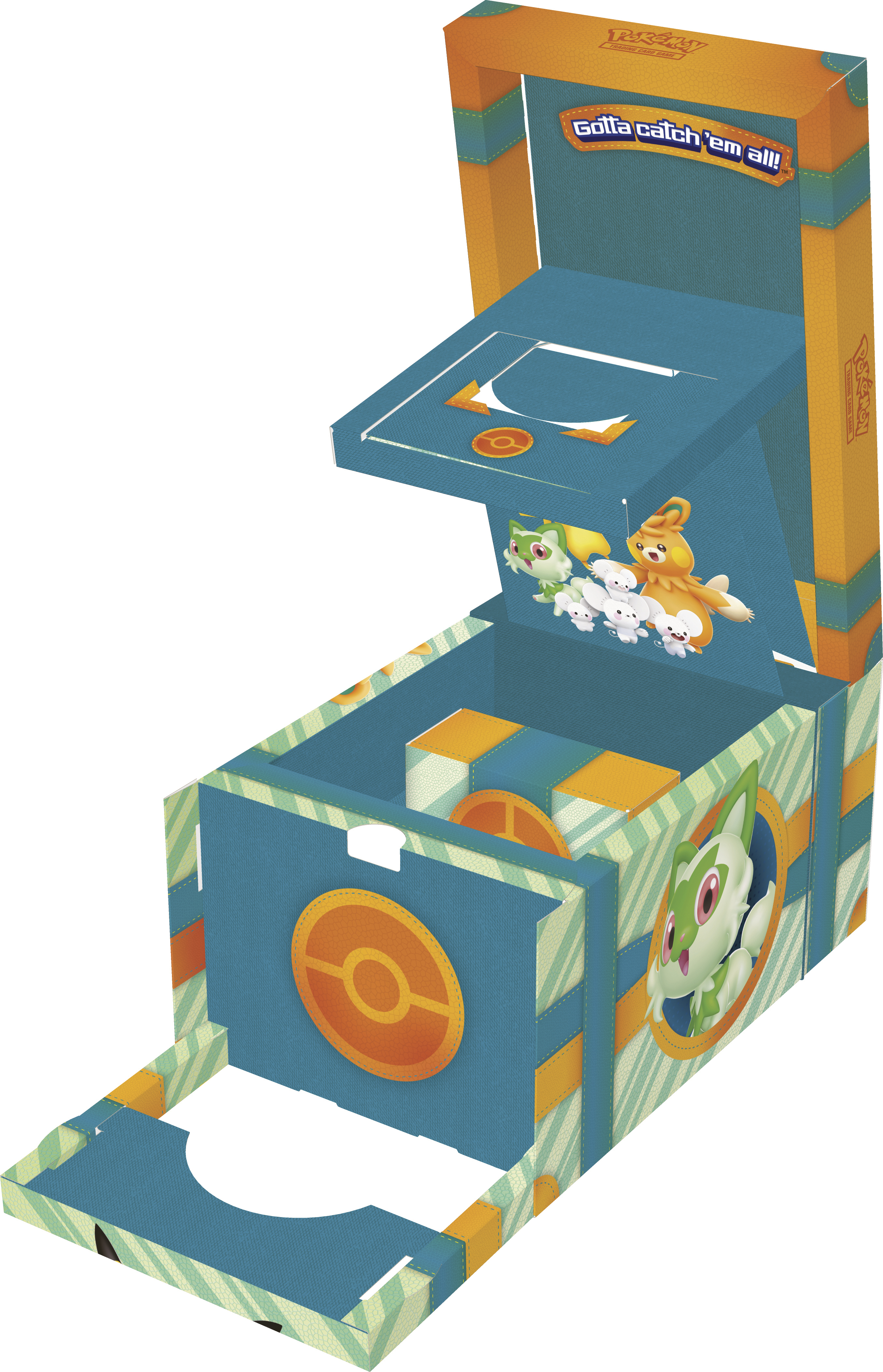 Eine Papp-Displaybox für ein Spiel. Die Box ist blau und orange mit Bildern von Charakteren.