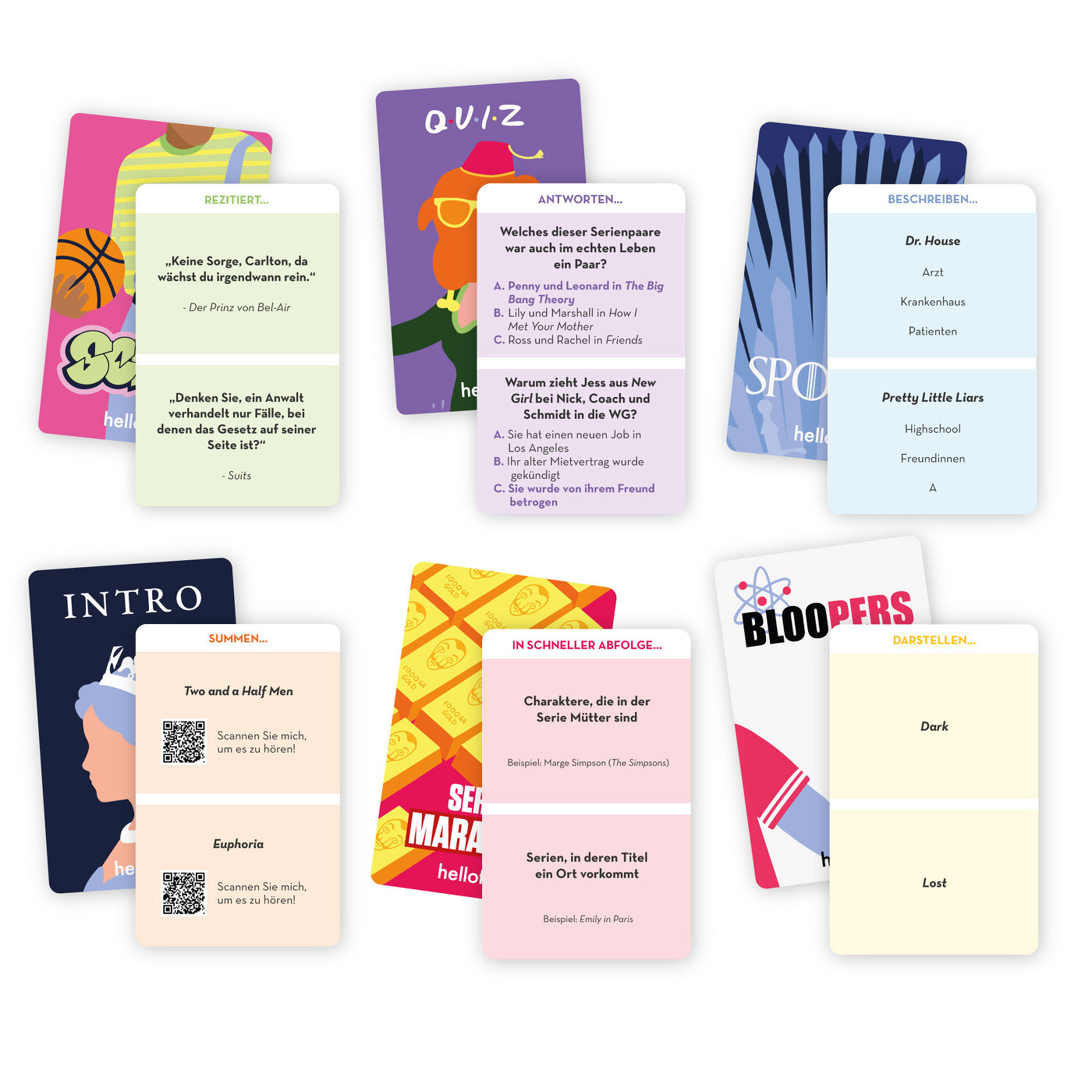 Diverses cartes de jeu avec texte en allemand, sur fond blanc.