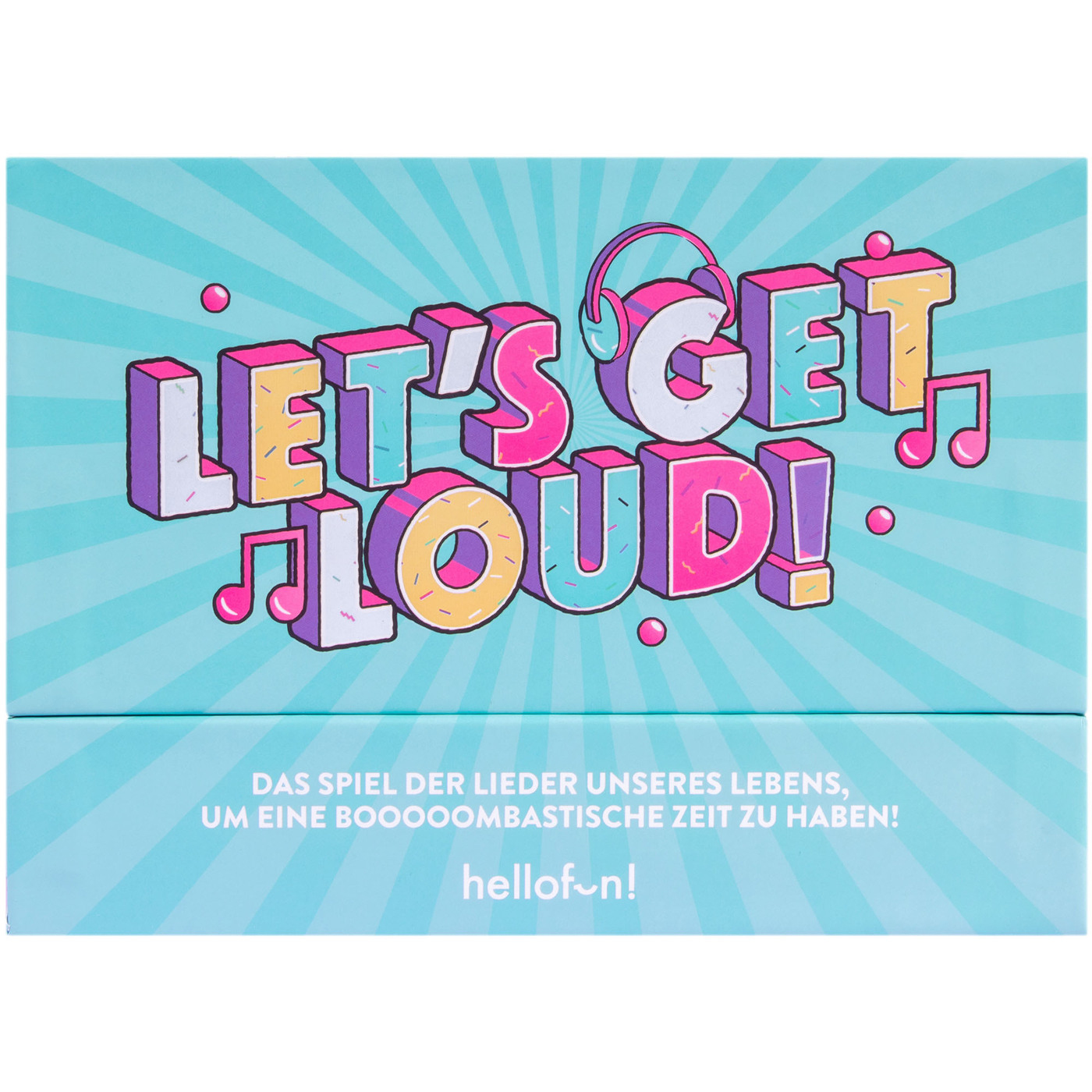 Une boîte bleue avec le texte 'LET'S GET LOUD !' et des notes de musique, avec du texte en dessous.