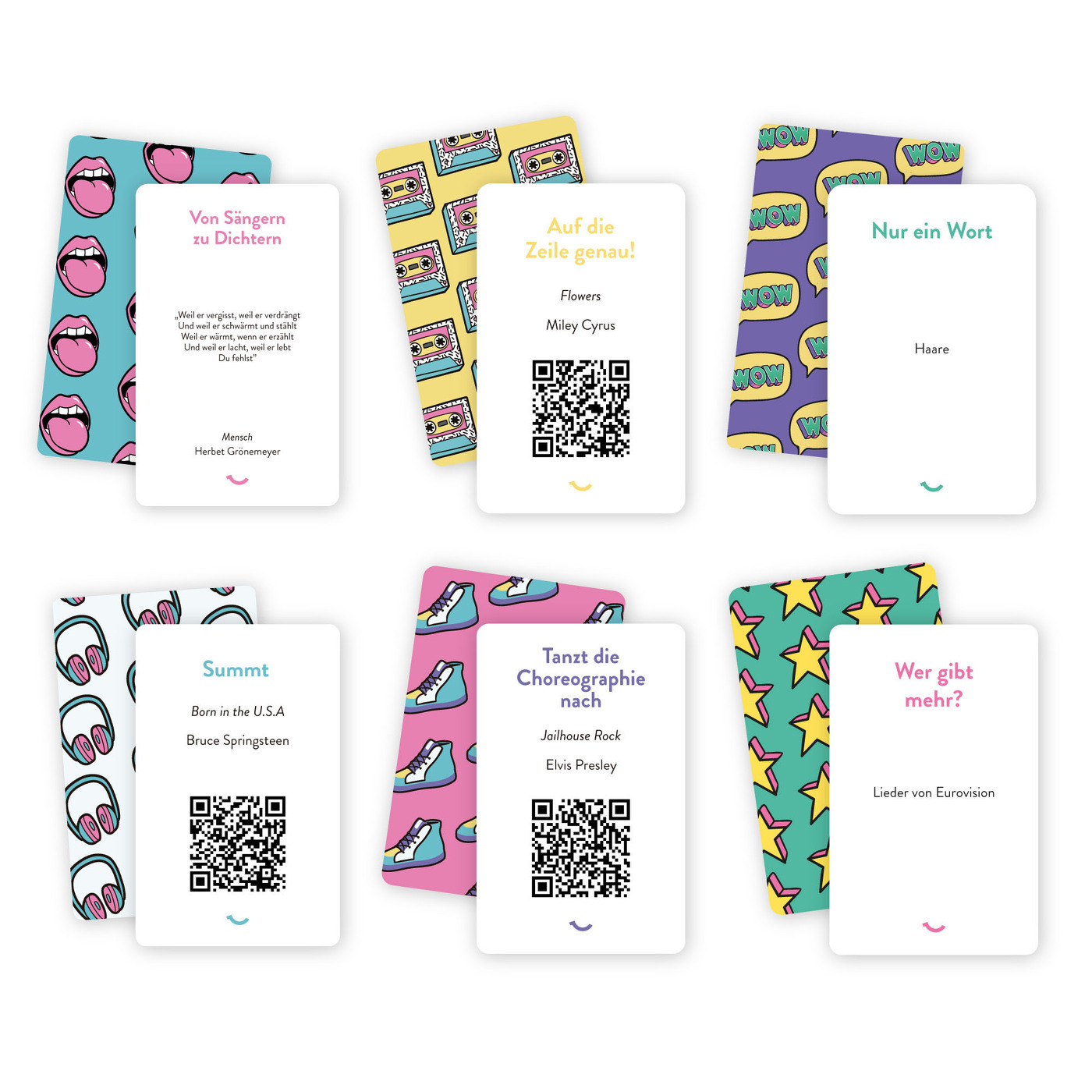 Plusieurs cartes d'un jeu avec des titres de chansons, des artistes et des codes QR.