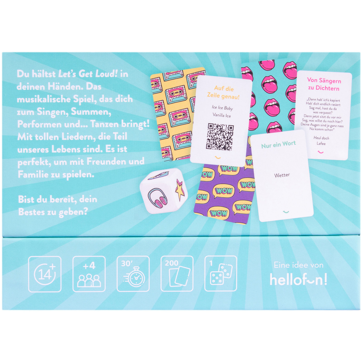 Boîte de jeu de société avec cartes et dés. Comprend des paroles et des notes de musique. Logo hellofun!