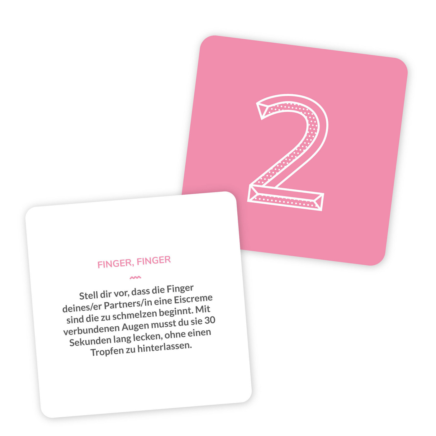Zwei Karten: eine rosa mit weißer '2' und eine mit deutschem Text über das Lecken.