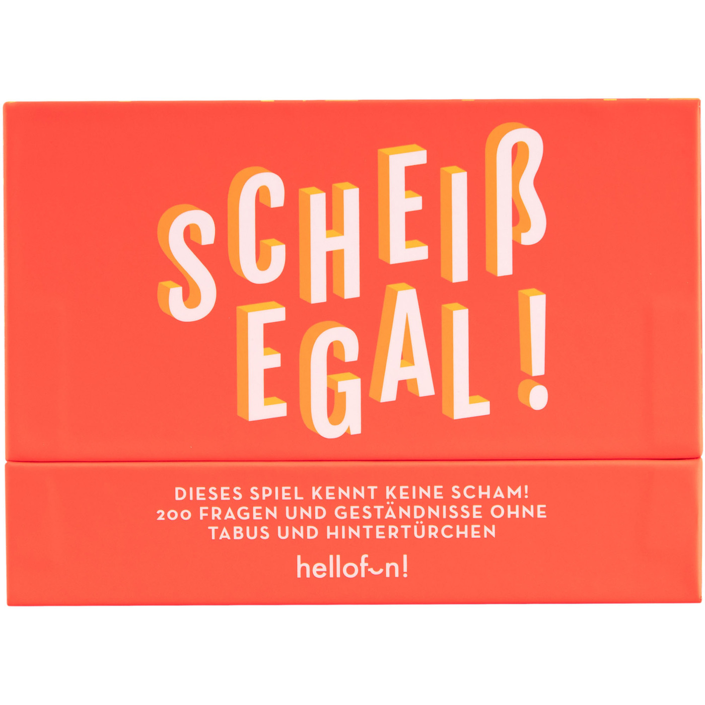 Eine Spielbox mit den Worten 'Scheiß Egal!' auf der Vorderseite, mit Text darunter.