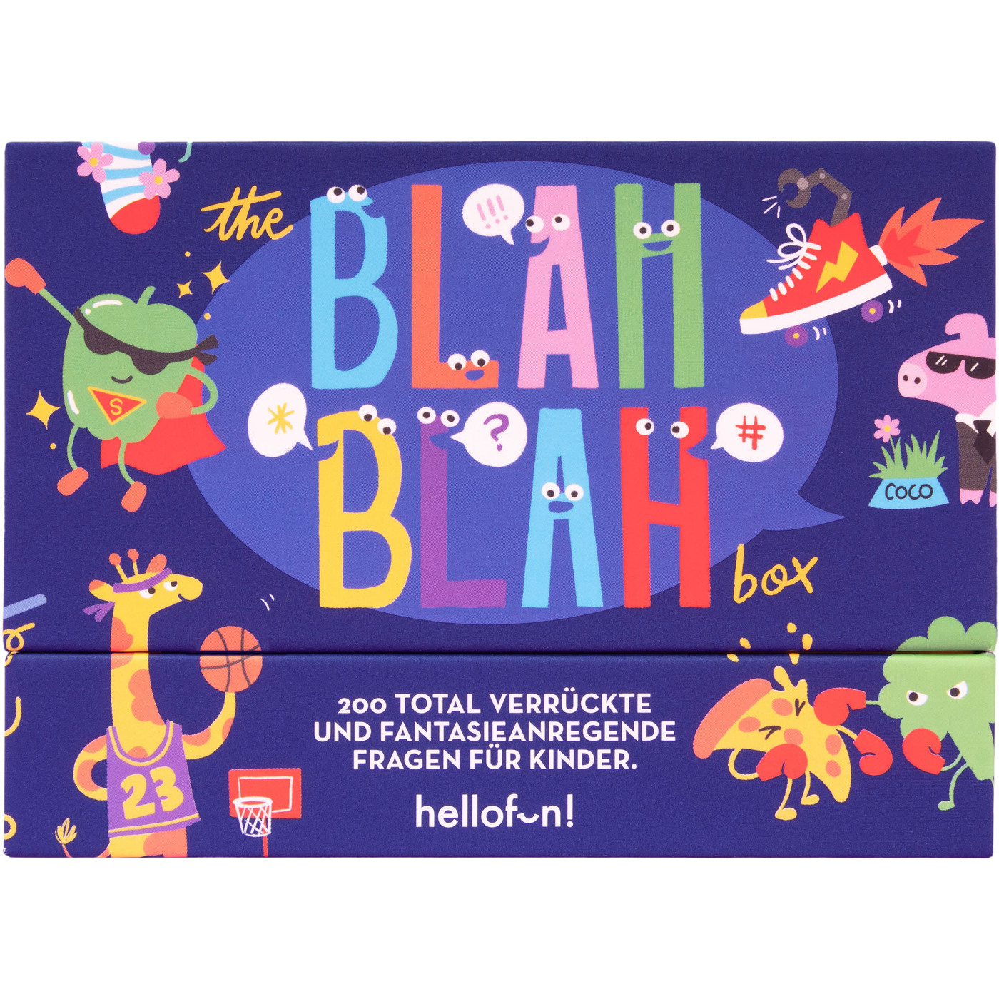Boîte de jeu avec illustrations colorées et texte. Fond bleu foncé.