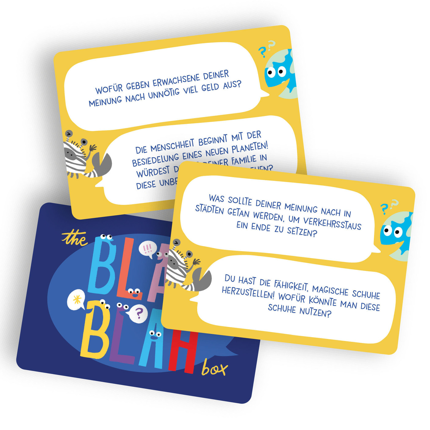 Trois cartes avec du texte. L'une a un personnage de blob bleu, les deux autres ont un fond jaune.