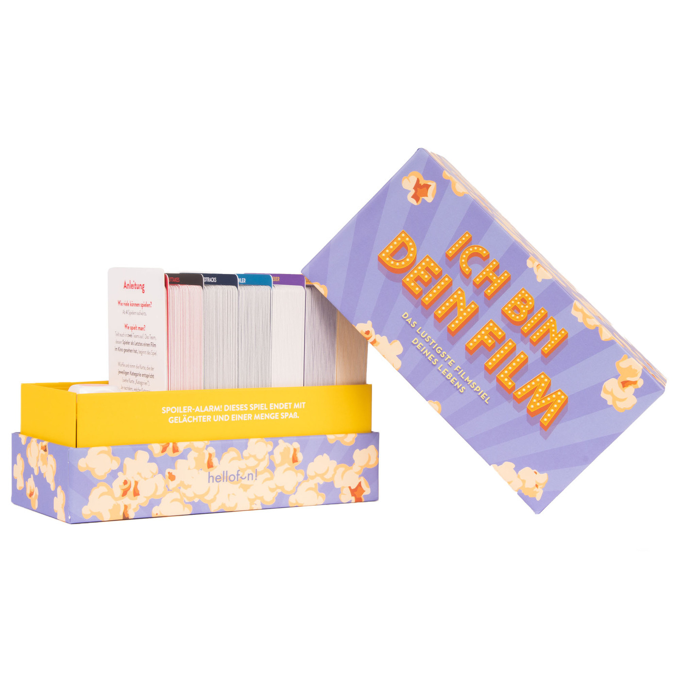 Boîte d'un jeu de société intitulé "Ich bin Dein Film", avec un design de pop-corn sur le dessus.