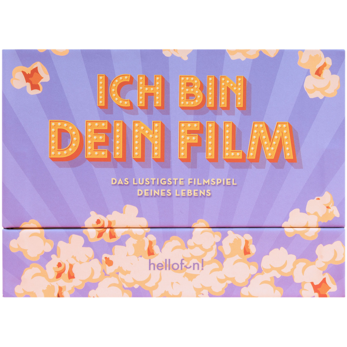 Une boîte sur le thème du cinéma avec des illustrations de pop-corn et du texte allemand : 'Je suis ton film'.