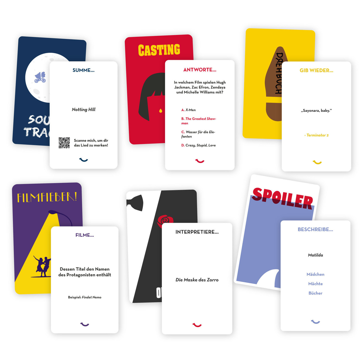 Cartes d'un jeu de questions sur les films. Diverses cartes, une bleue, une rouge et d'autres avec des fonds blancs.