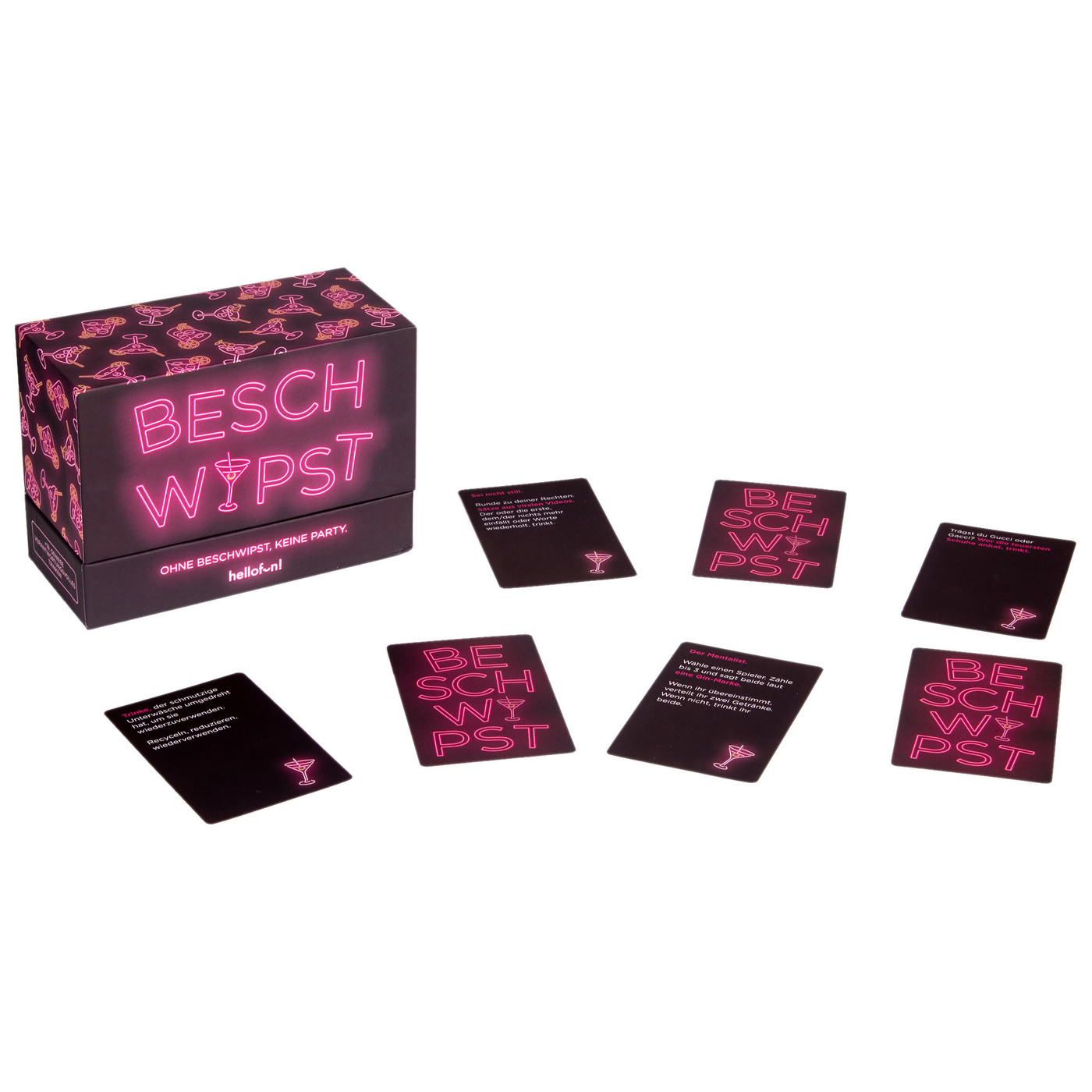 Eine schwarze Box mit einem pinkfarbenen Neon-Schild mit der Aufschrift 'BESCHWIPST', mit Karten drumherum.