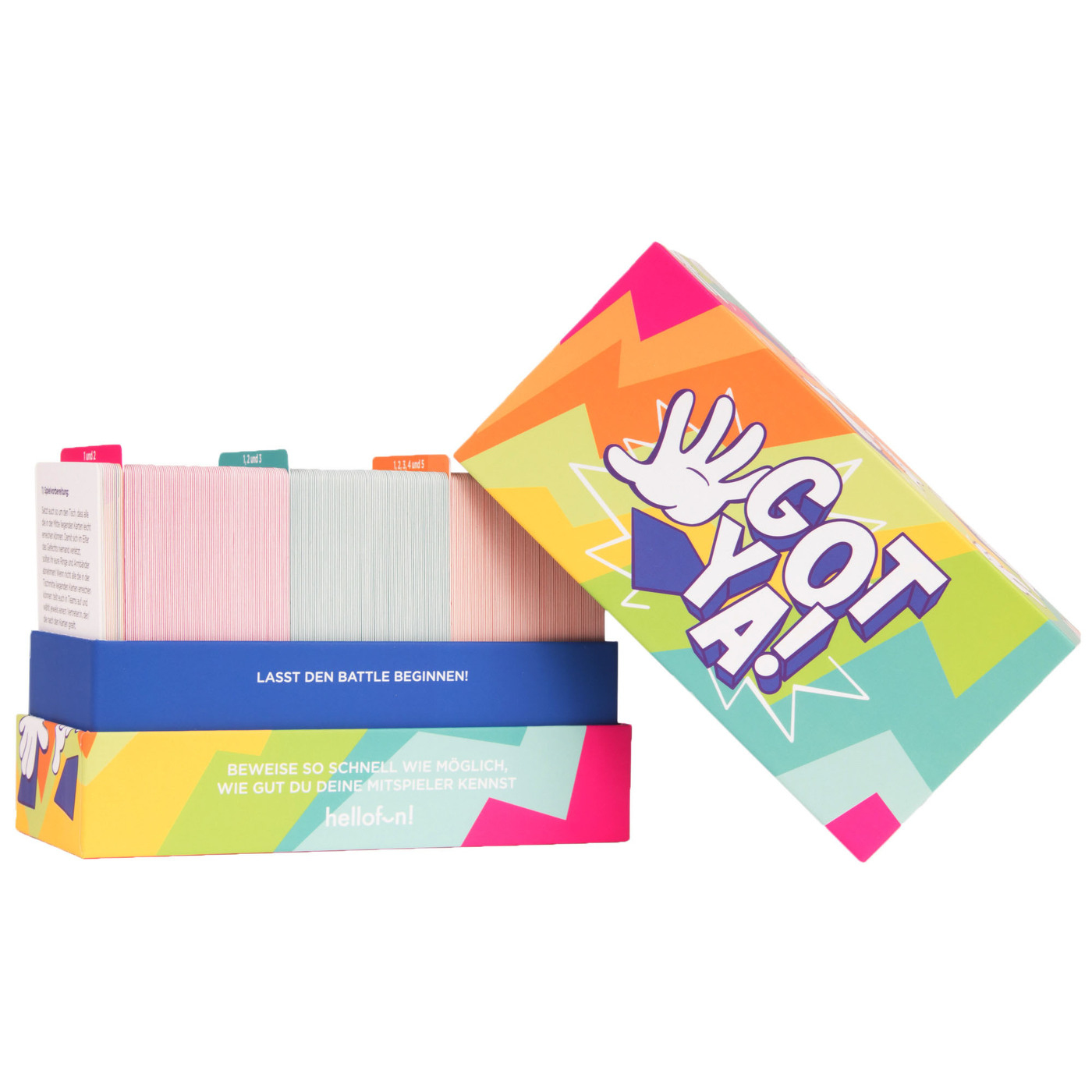 Got Ya! Kartenspielbox und Karten, bunt, mit Text.