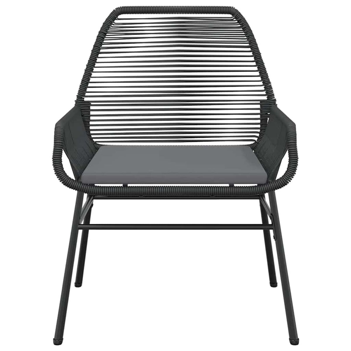 Sedia nera da esterno con cuscino grigio. La sedia è realizzata in corda nera.