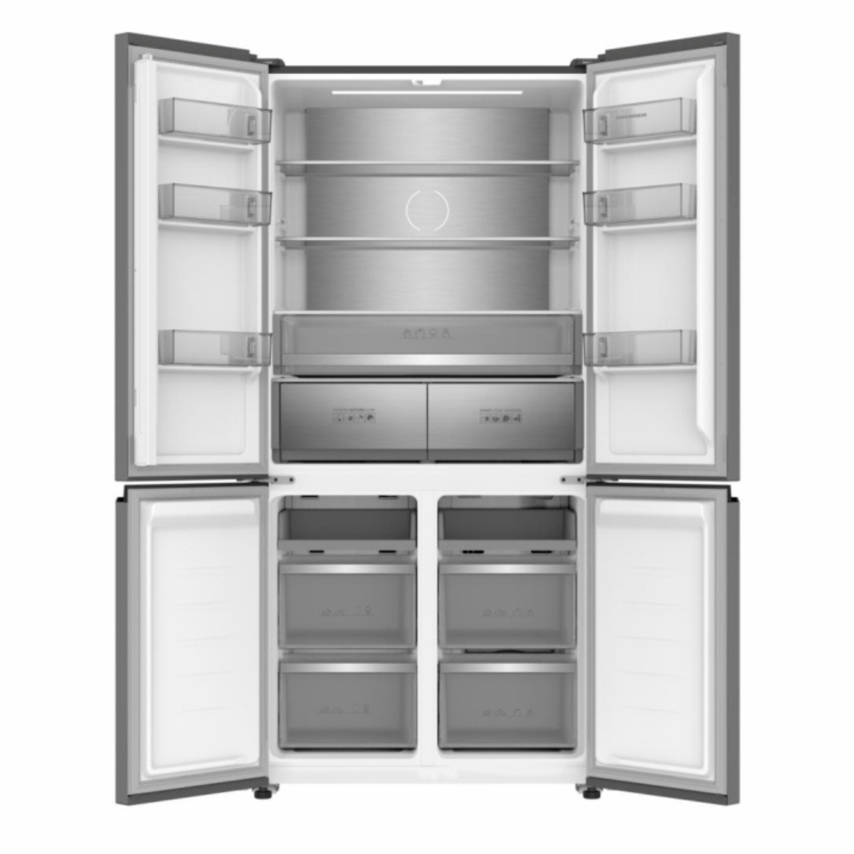 Binnenkant van een koelkast met planken, lades en lichten. Grijs en zilver design.