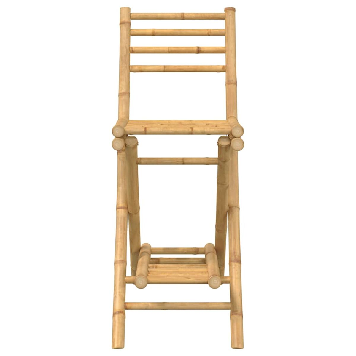 Una sedia in bambù a forma di scala, colore legno chiaro naturale, design semplice, vista frontale, isolata su bianco.