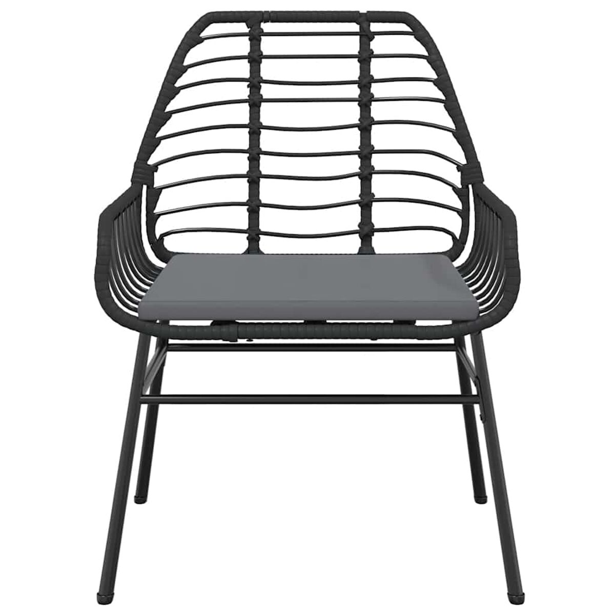 Sedia in rattan nero con cuscino grigio sulla seduta, su sfondo bianco.