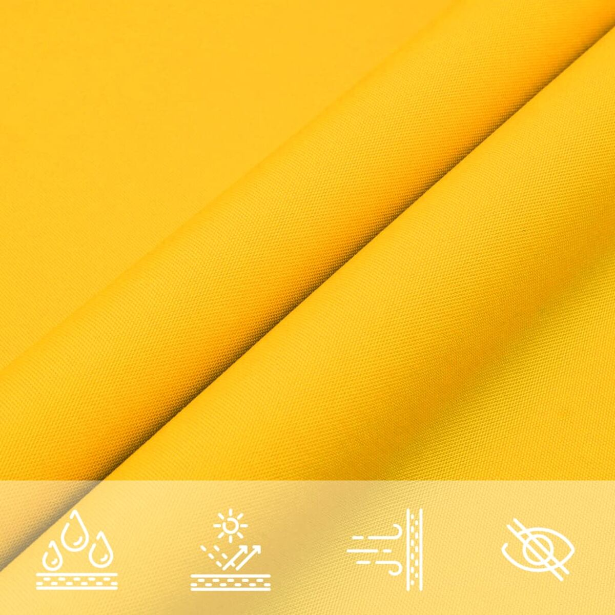 Tessuto giallo brillante con icone di gocce d'acqua, sole, vento e protezione degli occhi.