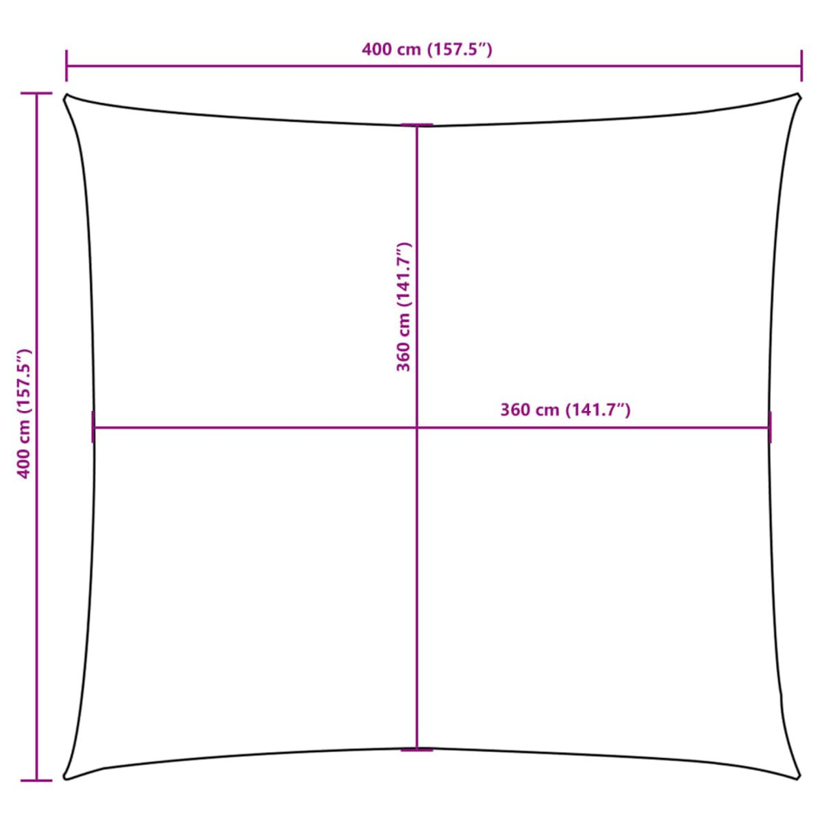 Tenda parasole quadrata, dimensioni etichettate, con sfondo trasparente.