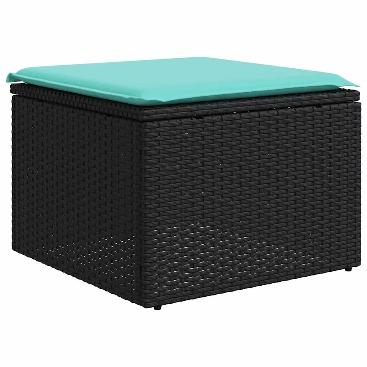 Un contenitore nero in vimini con un cuscino turchese sopra.