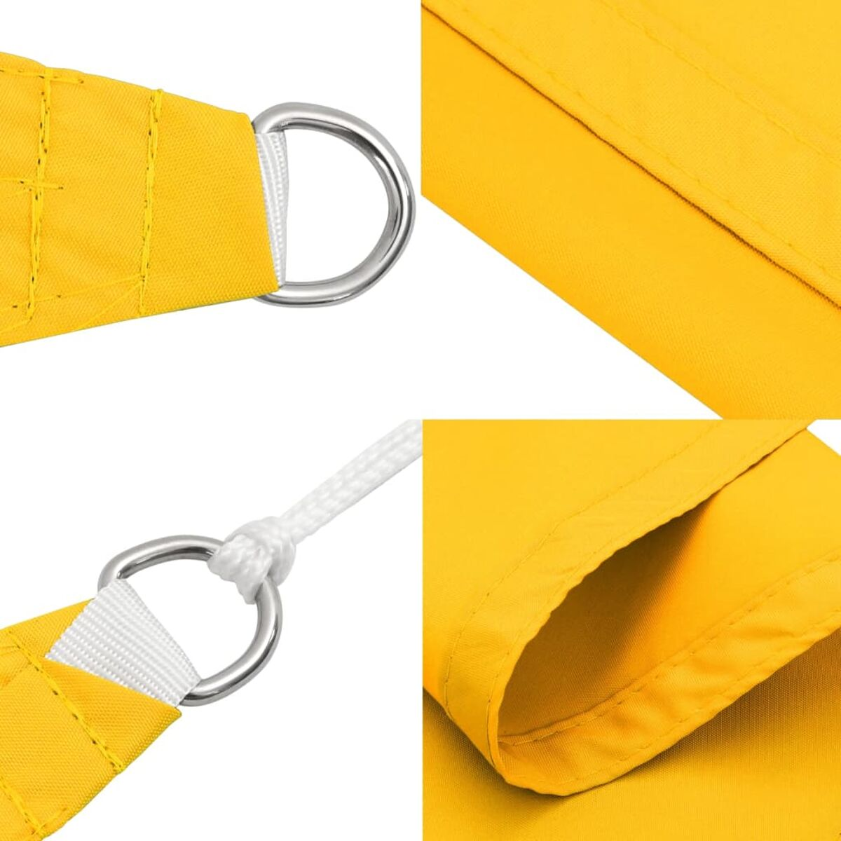 Primi piani di una tenda da sole gialla con anelli metallici e dettagli di cucitura. Dettagli del tessuto.