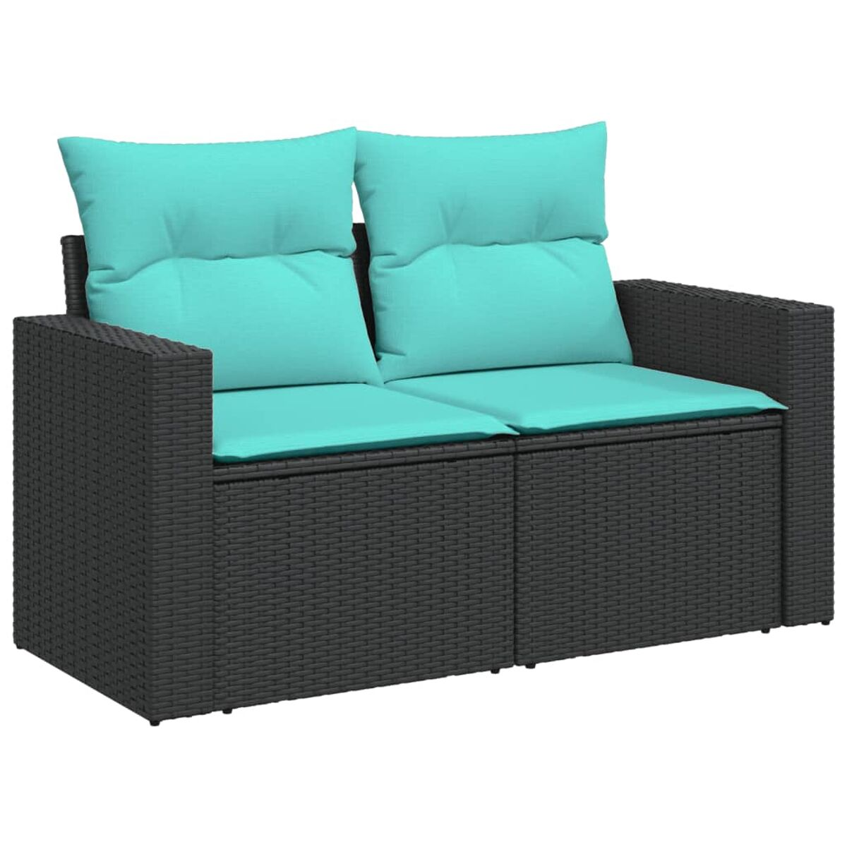 Divano esterno a due posti con cuscini turchesi su struttura in rattan grigio scuro.