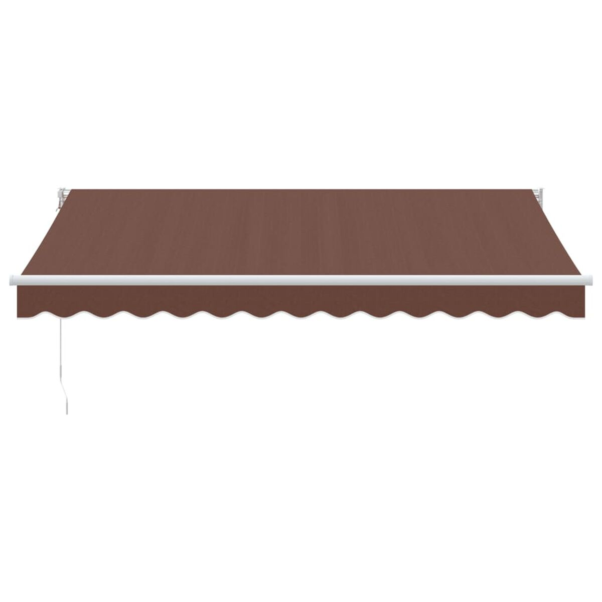 Una tenda da sole marrone estesa su sfondo bianco.