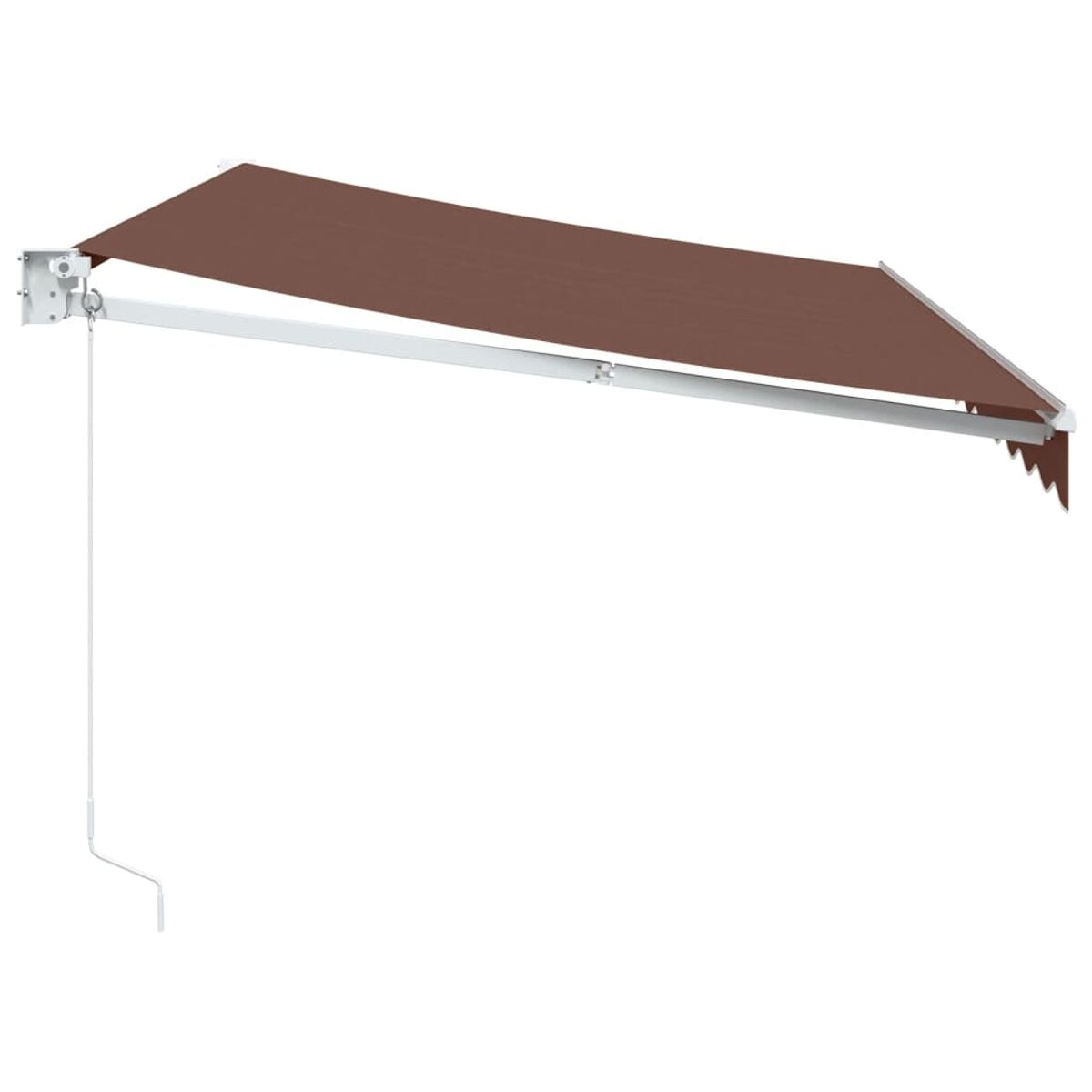 Tenda da sole retrattile marrone estesa, montata su un telaio bianco con manovella.