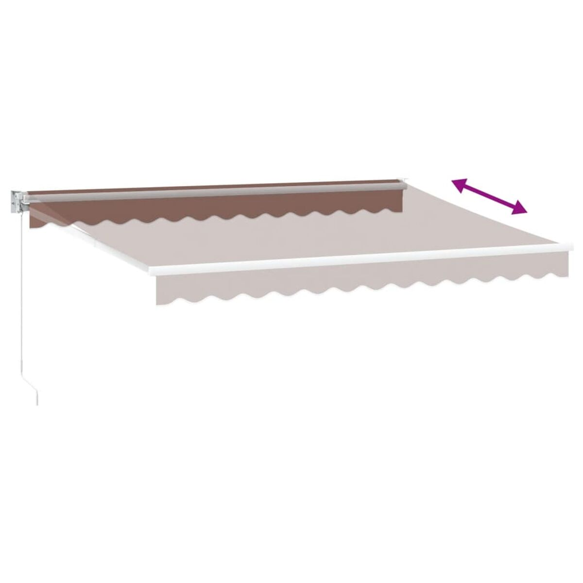 Una tenda da sole retrattile esterna con una tenda a strisce marrone e beige che si estende a destra.