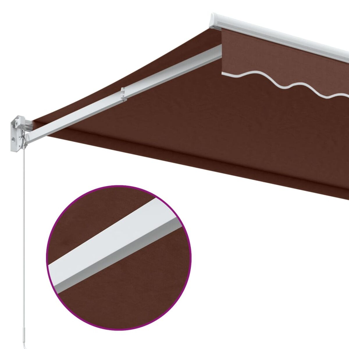 Una tenda da sole marrone con telaio bianco, un primo piano del telaio è in un inserto circolare.