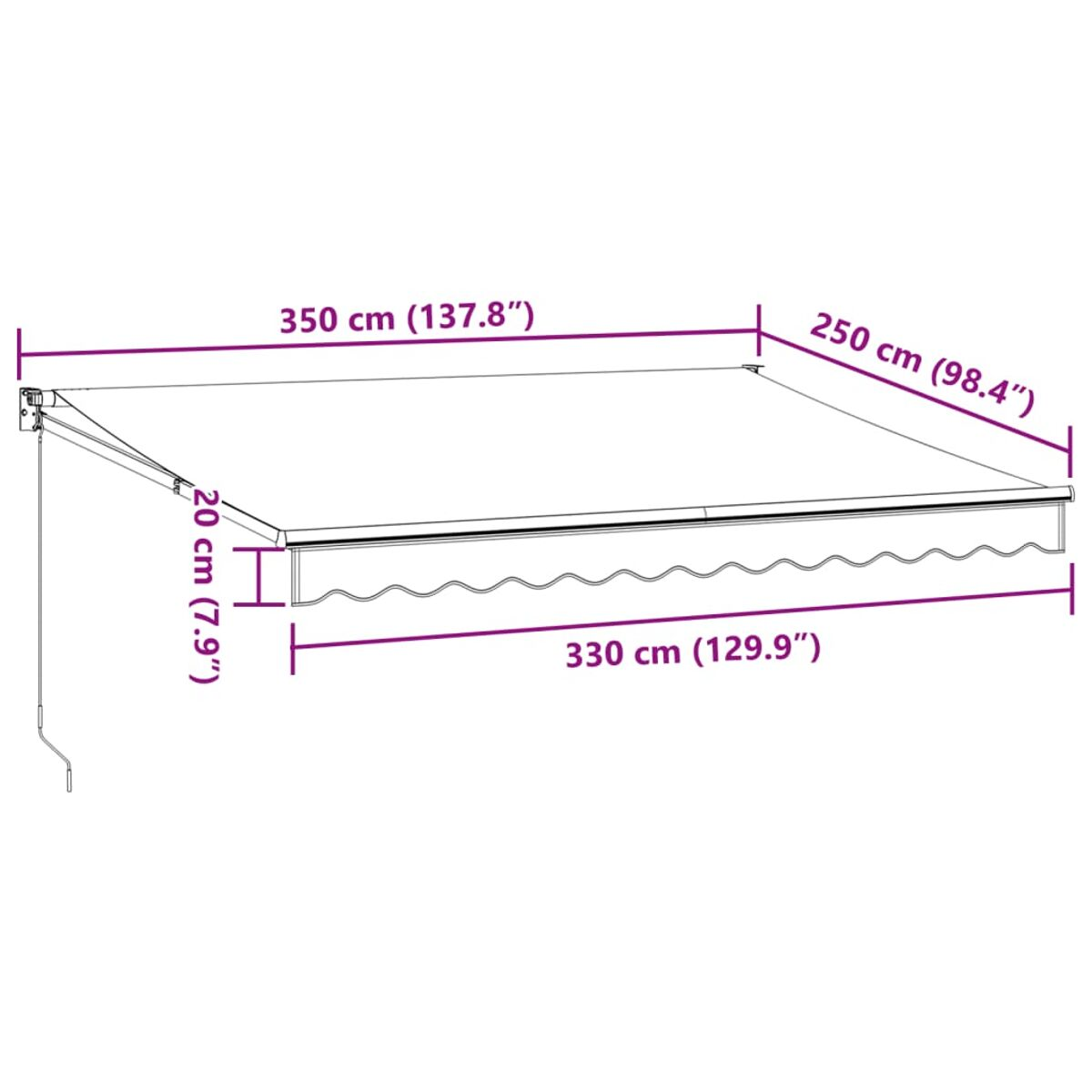 Tenda da sole bianca con dimensioni etichettate. Le misure sono in centimetri e pollici.