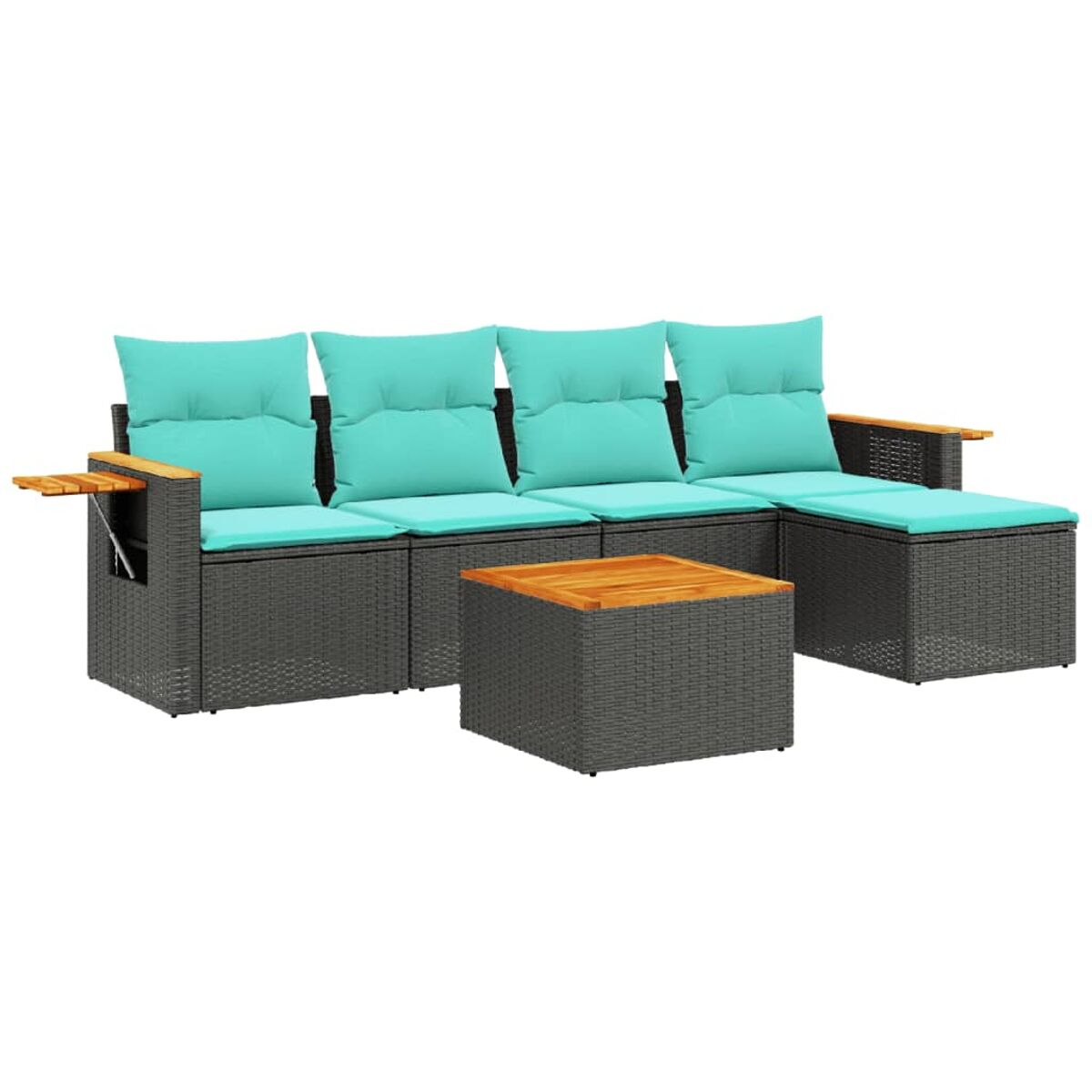 Set divani da esterno con cuscini turchese. Tessuto grigio intrecciato.