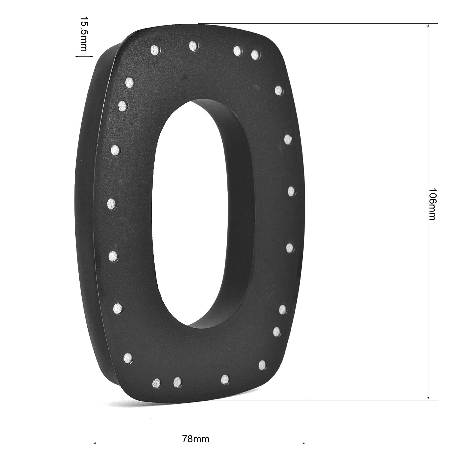 Oggetto nero di forma ovale con centro aperto, con dimensioni indicate.