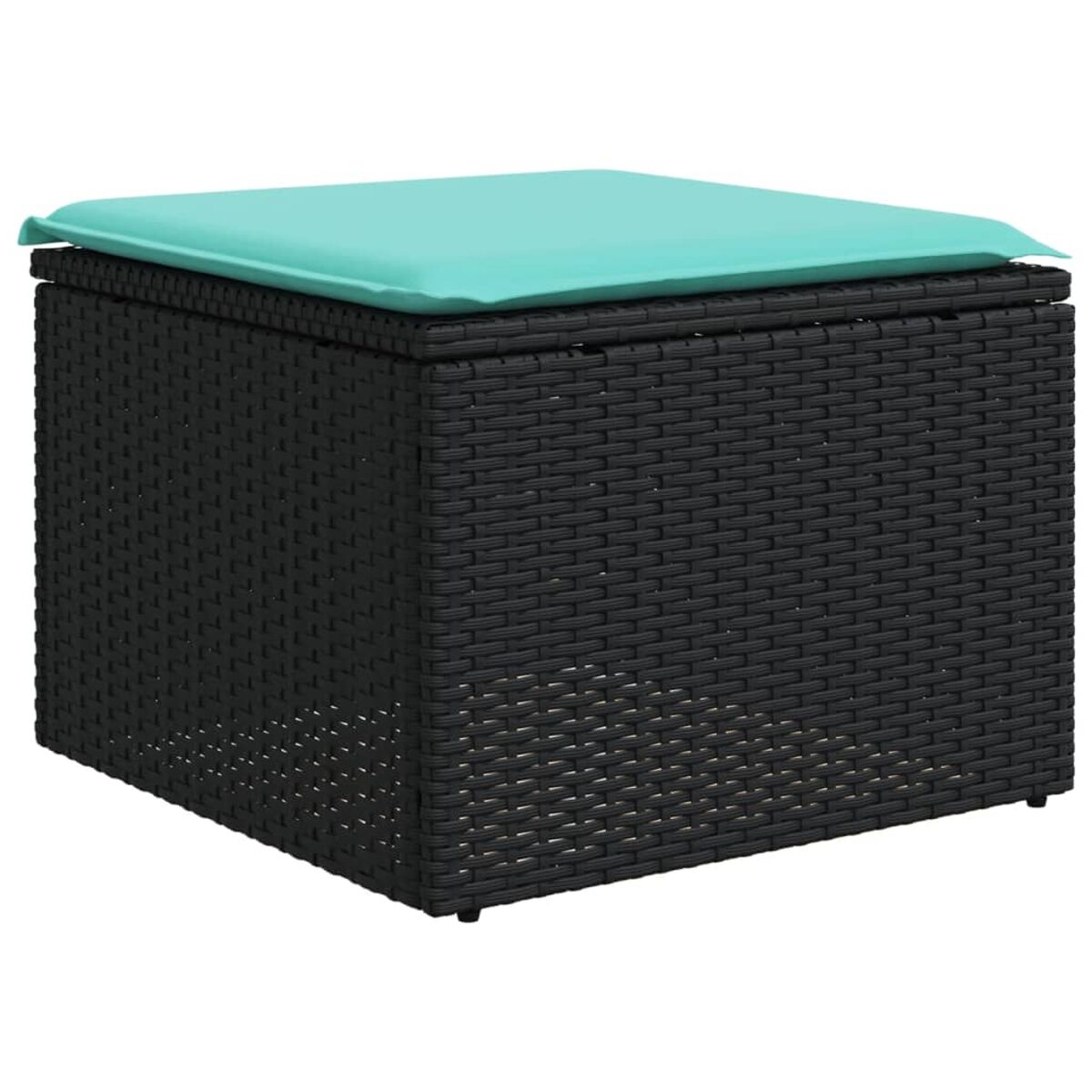 Pouff contenitore in vimini nero con un cuscino turchese sopra.