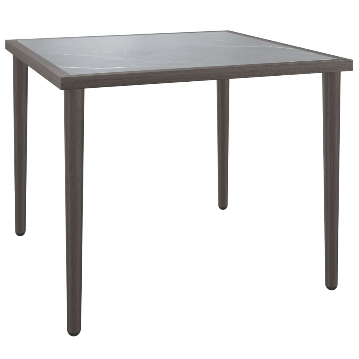 Un tavolo da pranzo quadrato con piano grigio effetto marmo e gambe in legno grigio.
