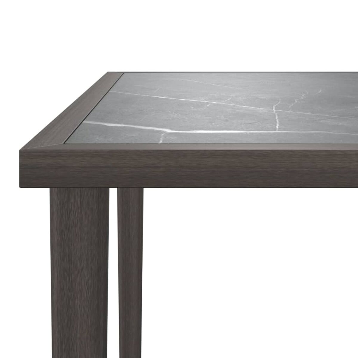 Primo piano di un angolo del tavolo: piano in marmo grigio con cornice e gambe in legno scuro.