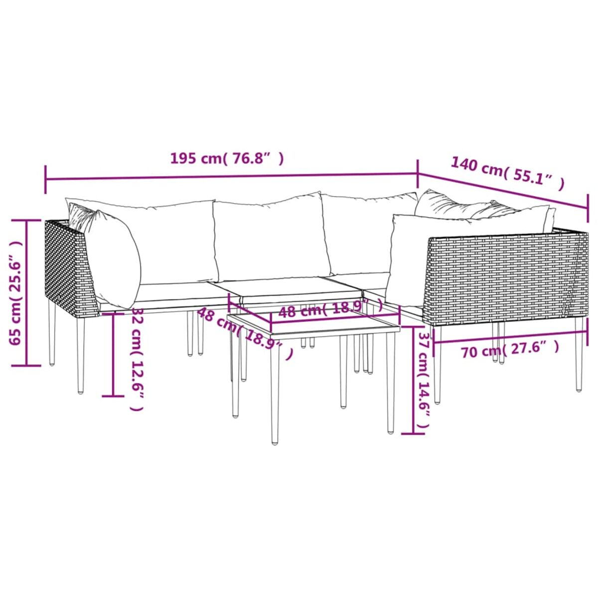 Diagramm eines Outdoor-Ecksofas mit Abmessungen in cm und Zoll.