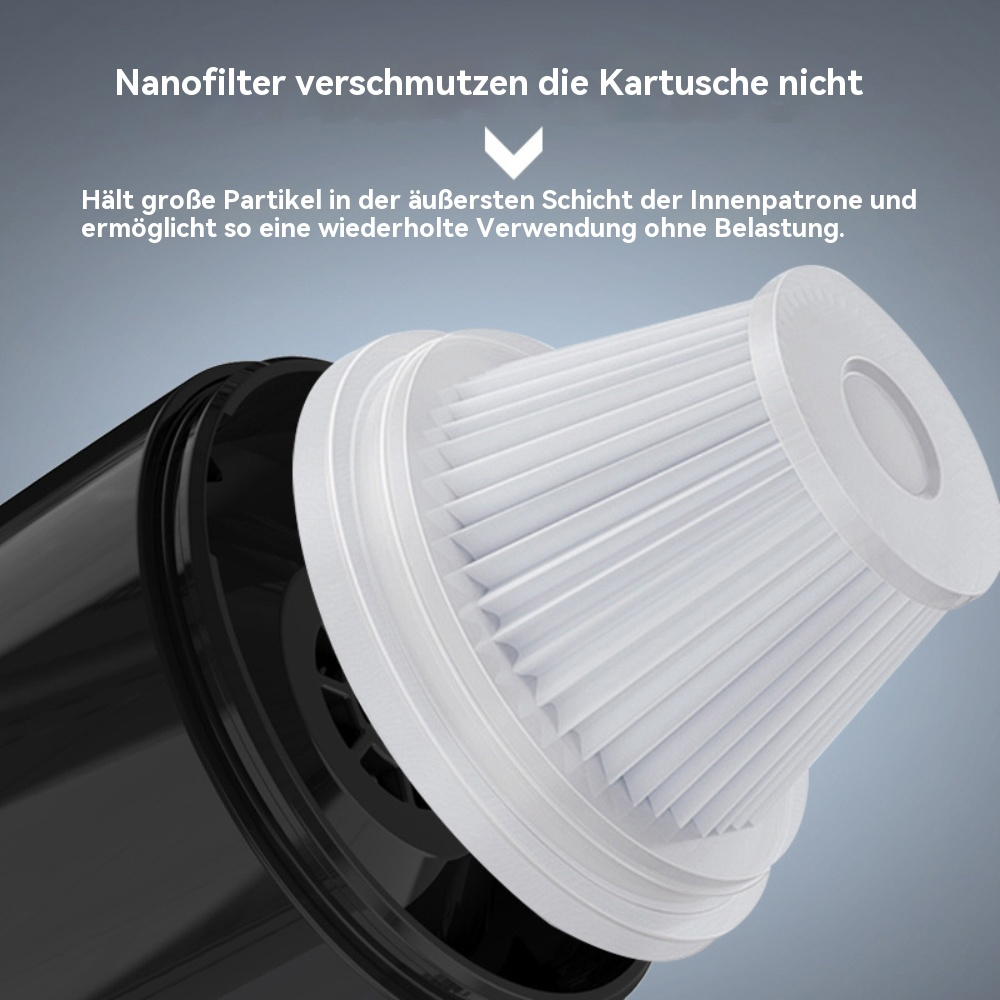 Staubsaugerfilter mit weißem Faltenmaterial, in einem schwarzen Behälter.