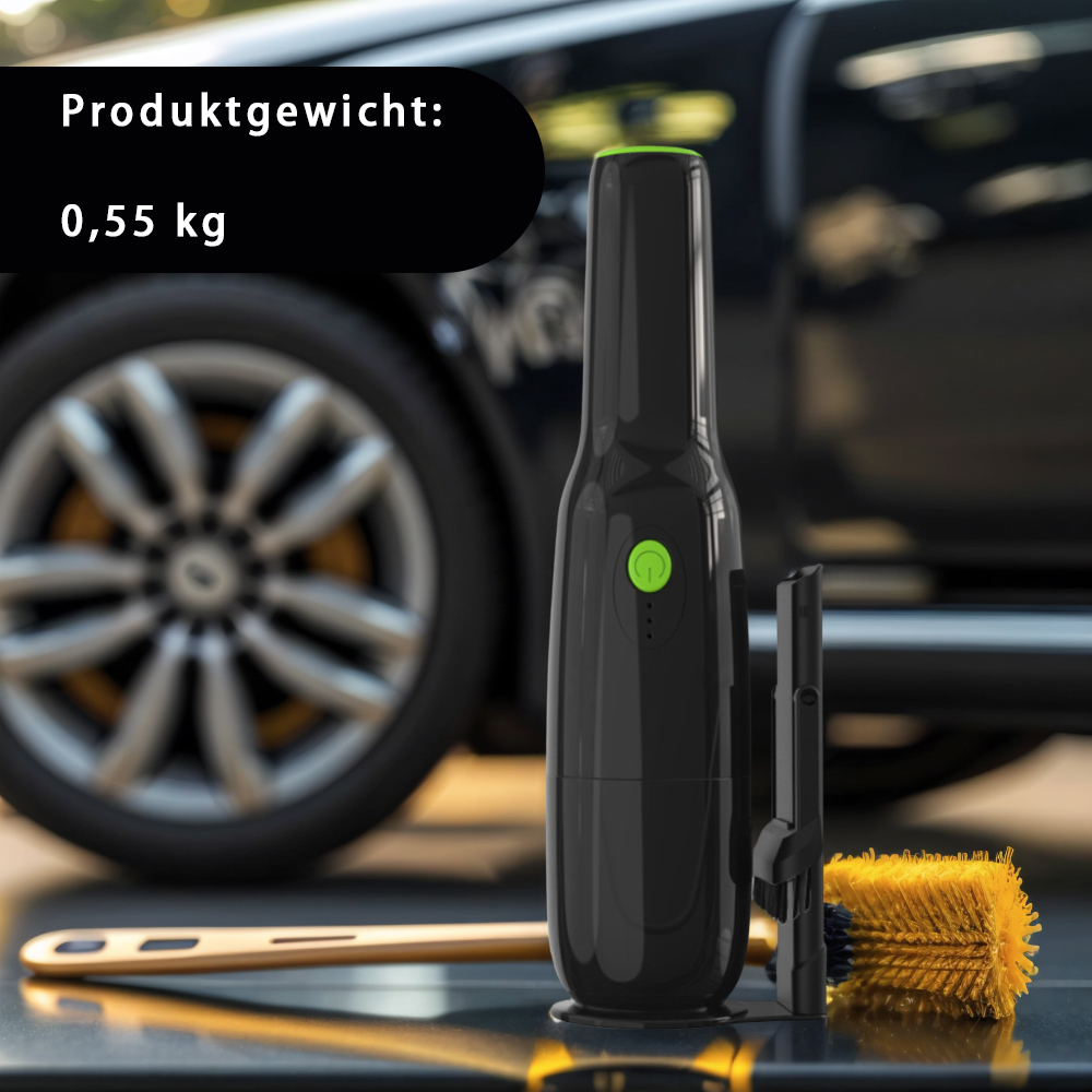 Schwarzer und grüner Staubsauger für Autos mit Aufsätzen, neben einem Auto.