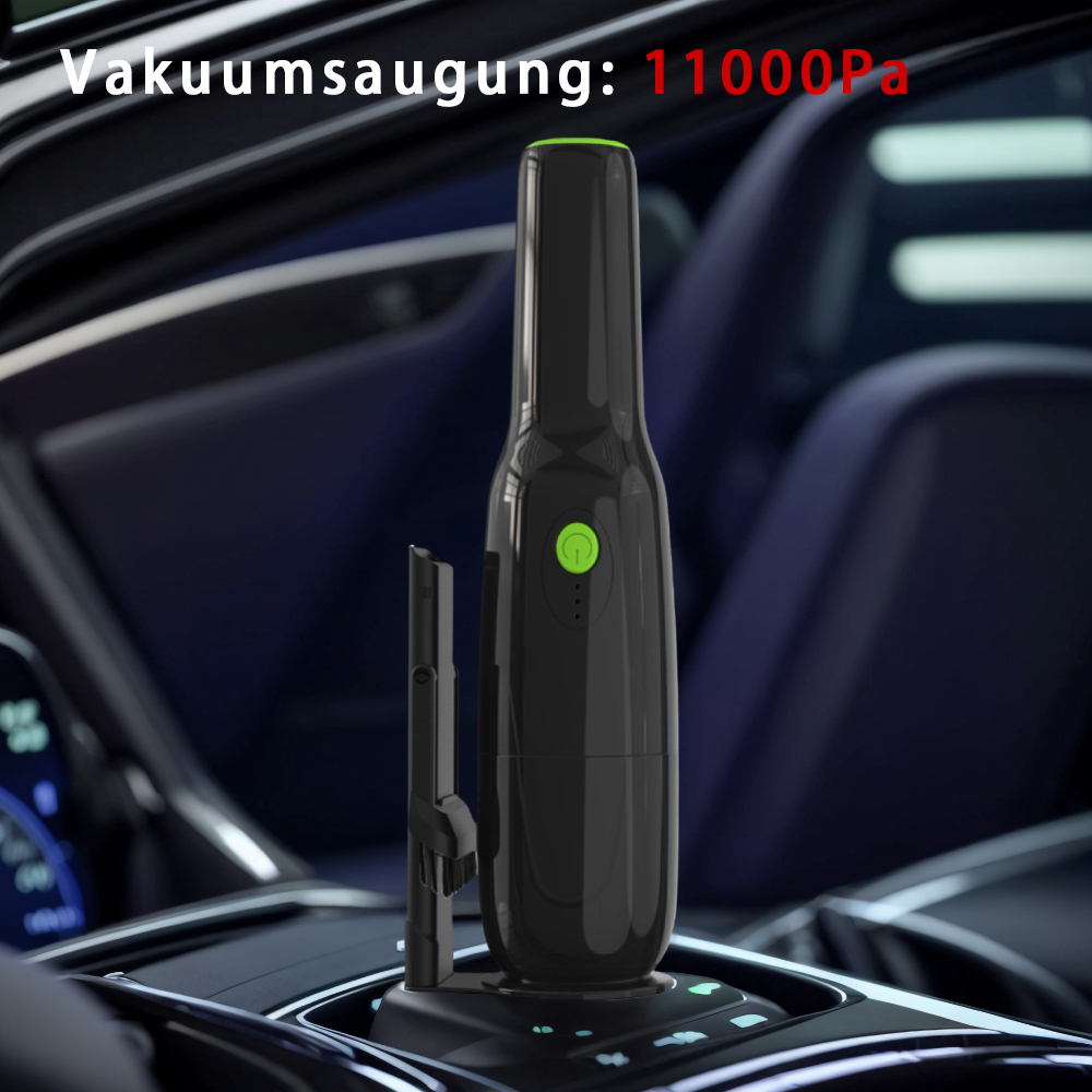 Schwarzer kabelloser Staubsauger für Autos mit Düse in der Konsole, Text: 11000Pa.