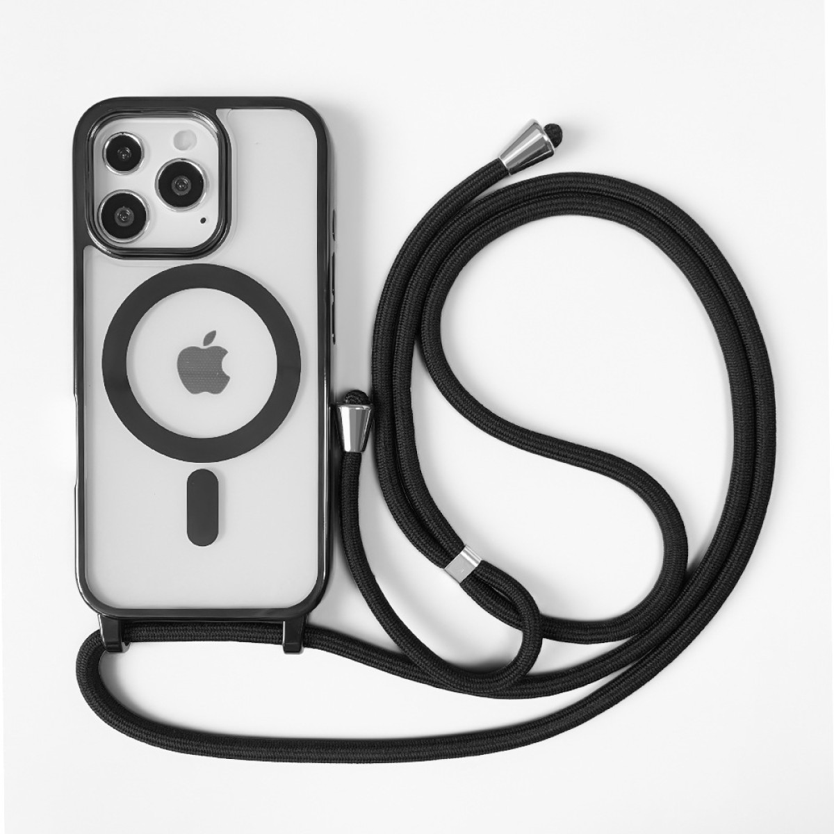 Custodia trasparente per telefono con cornice e cordino neri. Logo Apple visibile. Cordino nero.