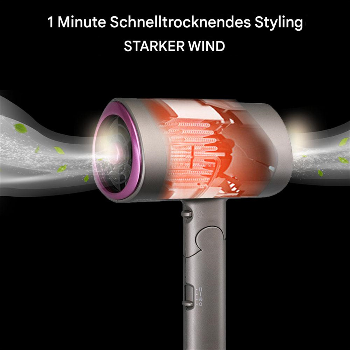 Haartrockner mit rosa Ring, der interne Komponenten zeigt. Text sagt schnelles Trocknen.
