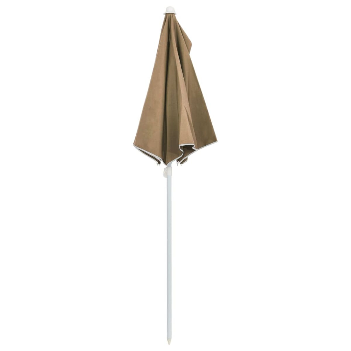 Un ombrello marrone chiuso con un palo bianco. Lo sfondo è bianco.