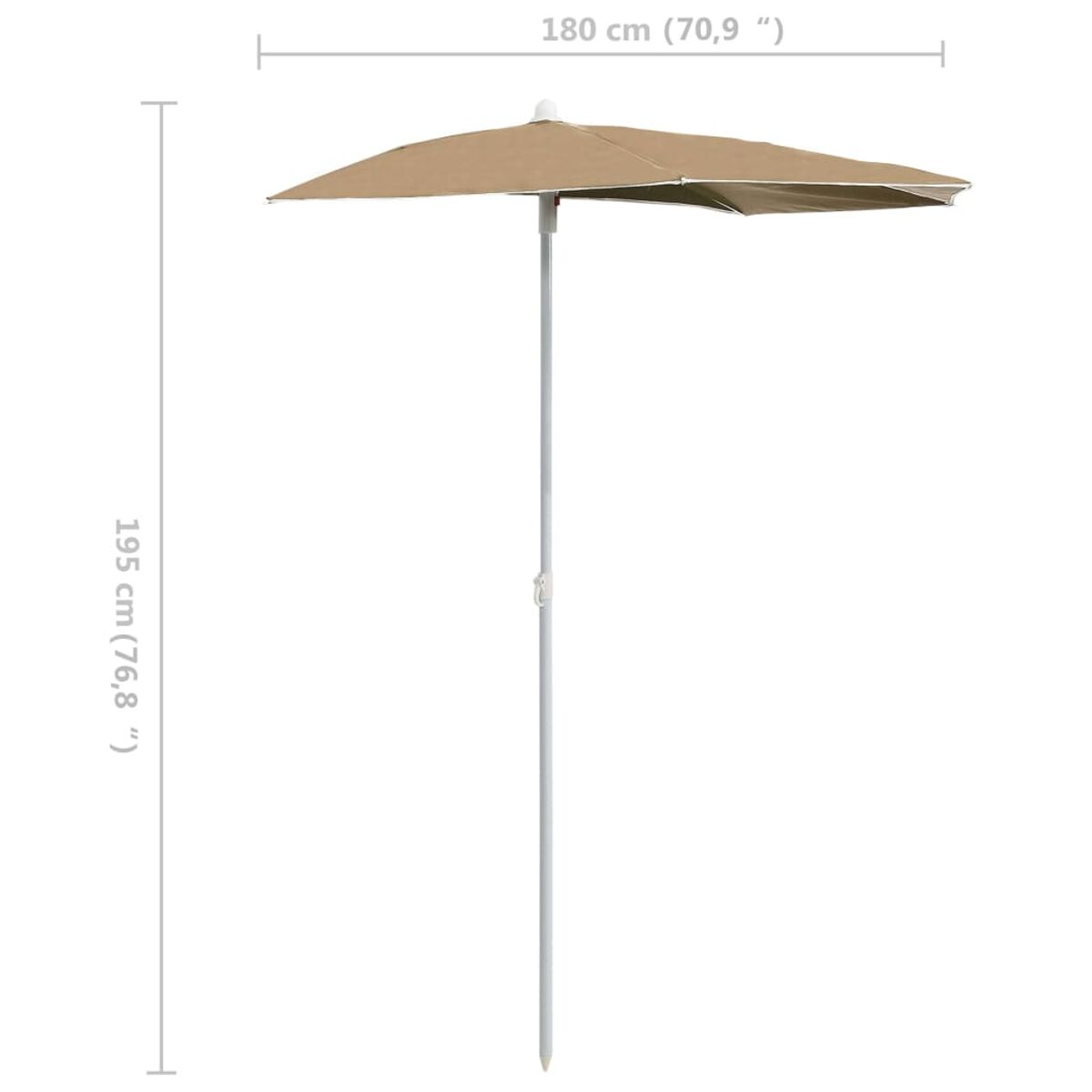 Ombrellone beige con tettuccio beige e lungo palo argentato, dimensioni indicate.