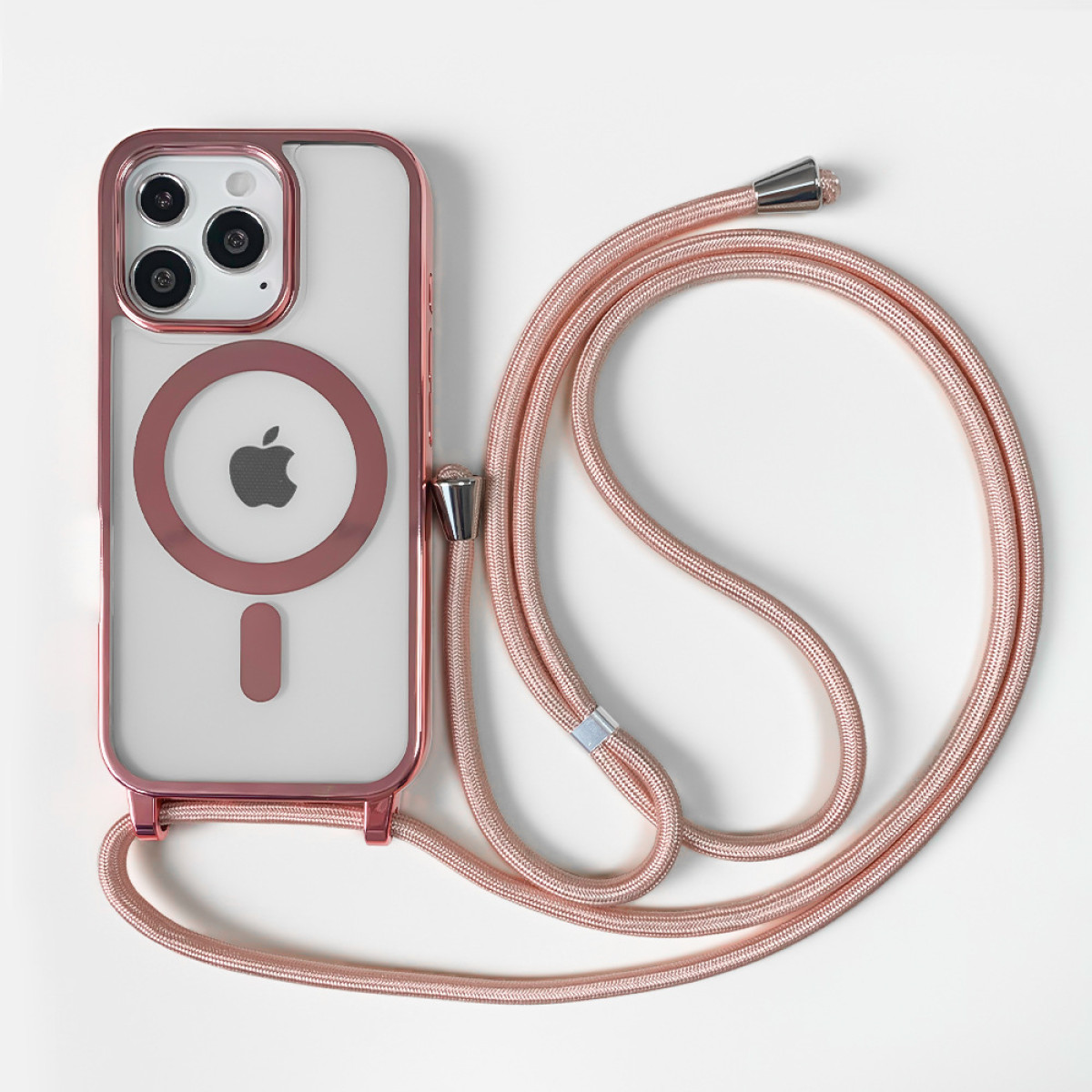 Custodia per telefono oro rosa con cordino su sfondo bianco. Logo Apple visibile. Custodia trasparente con bordi rosa.