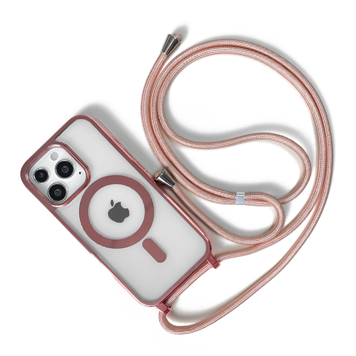 Custodia per telefono rosa con cinturino. Logo Apple e design della lente.