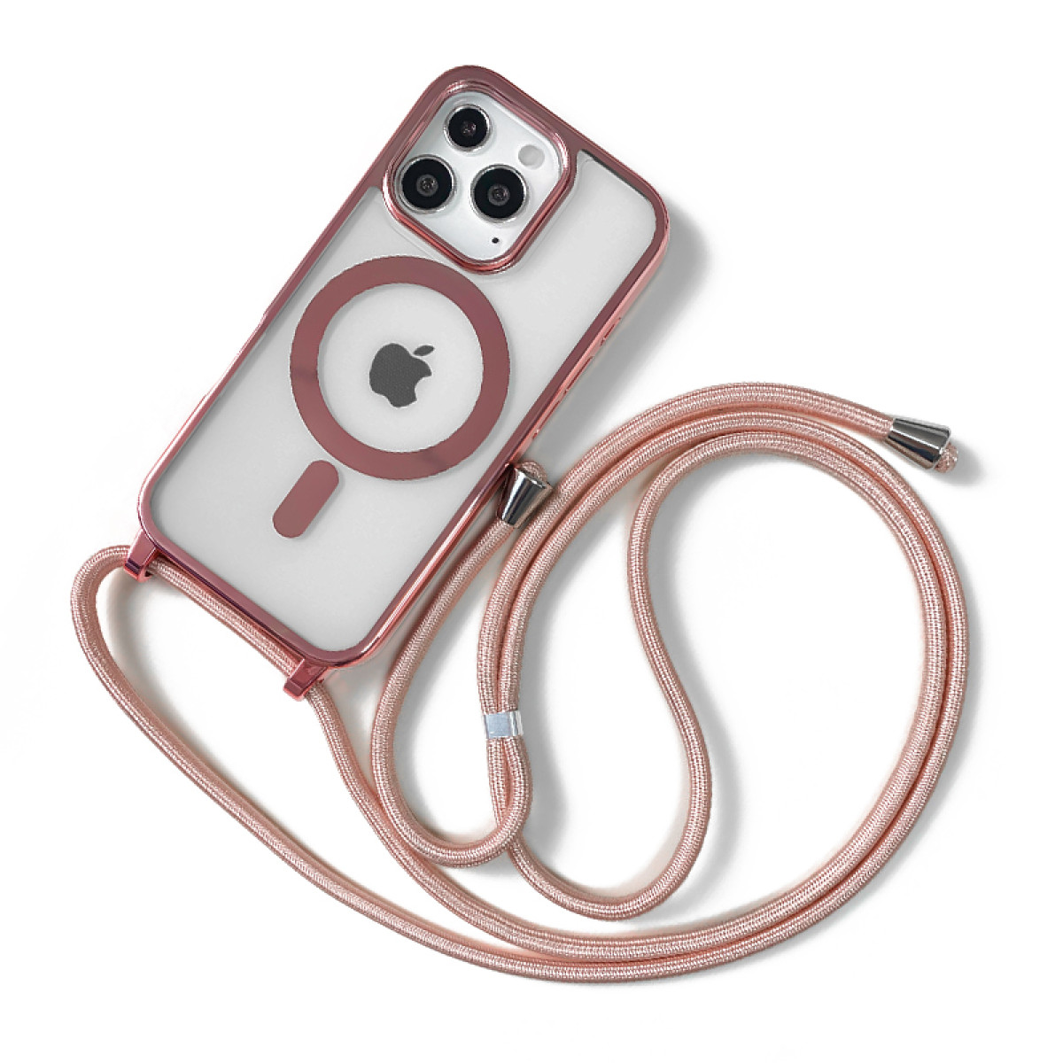 Custodia per telefono oro rosa con cinturino rosa. Sfondo bianco.